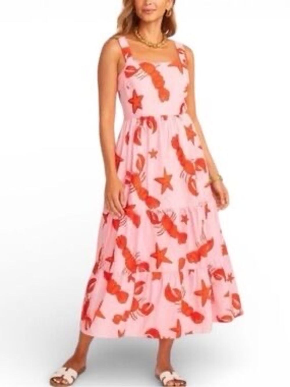J.Crew Womens 6 Pink Red Lobster Print Tiered Midi Dress Vacation Girly Beachy